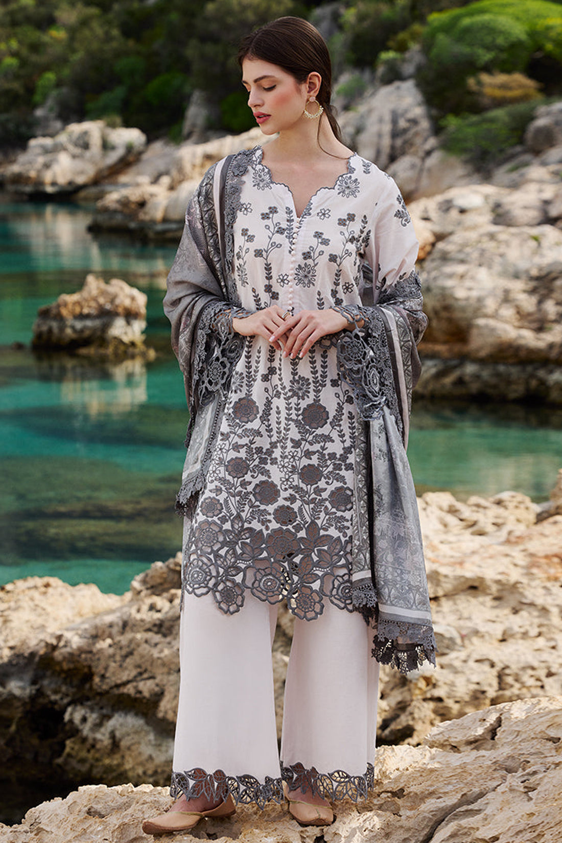IMAGE-3PC LAWN EMBROIDERED SHIRT WITH CHIFFON PRINT DUPATTA AND EMB TROUSER-KUN-3710