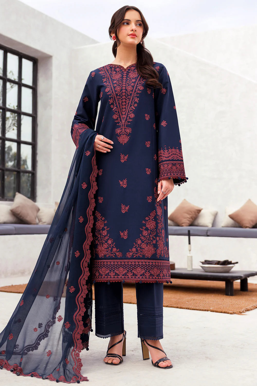 JAZMIN-3PC LAWN EMBROIDERED SHIRT WITH CHIFFON EMBROIDERED DUPATTA AND TROUSER-KUN-3703