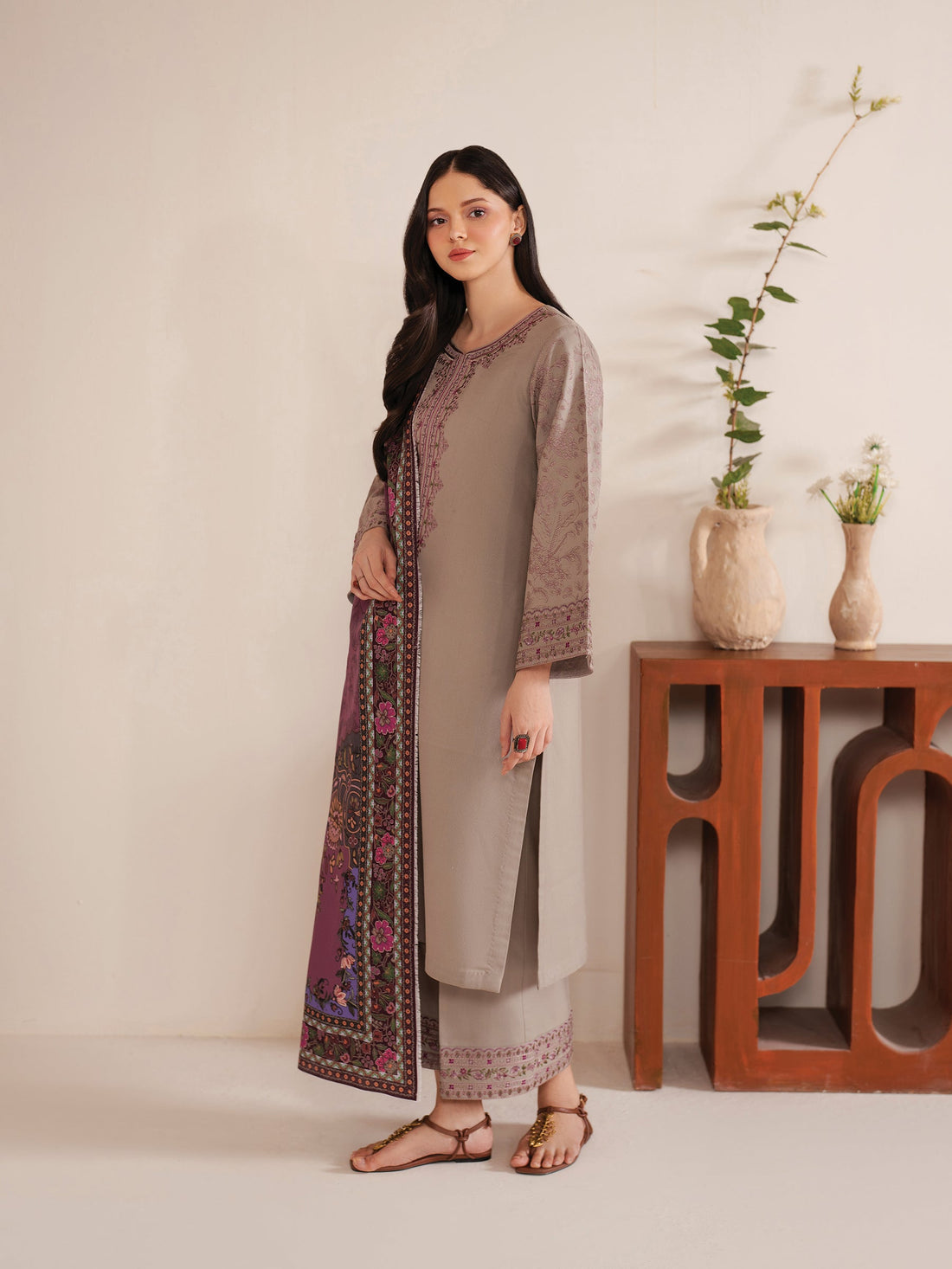 GARNET-3PC LAWN EMBROIDERED SHIRT WITH MONARK PRINT DUPATTA AND TROUSER-KUN-3534