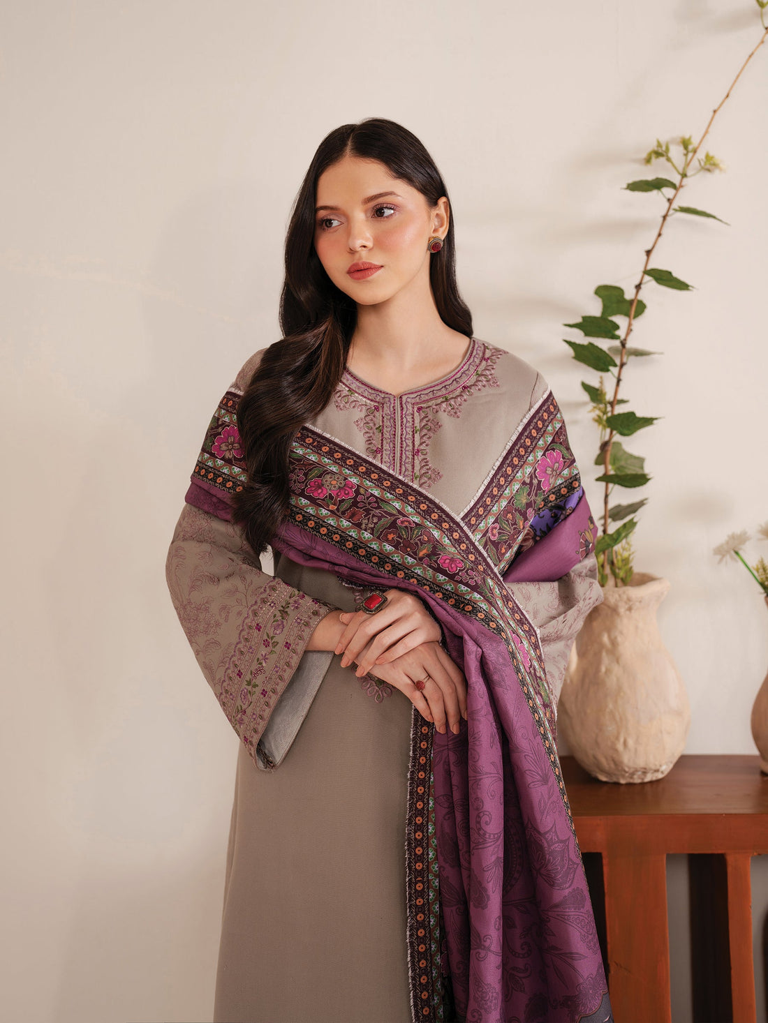 GARNET-3PC LAWN EMBROIDERED SHIRT WITH MONARK PRINT DUPATTA AND TROUSER-KUN-3534