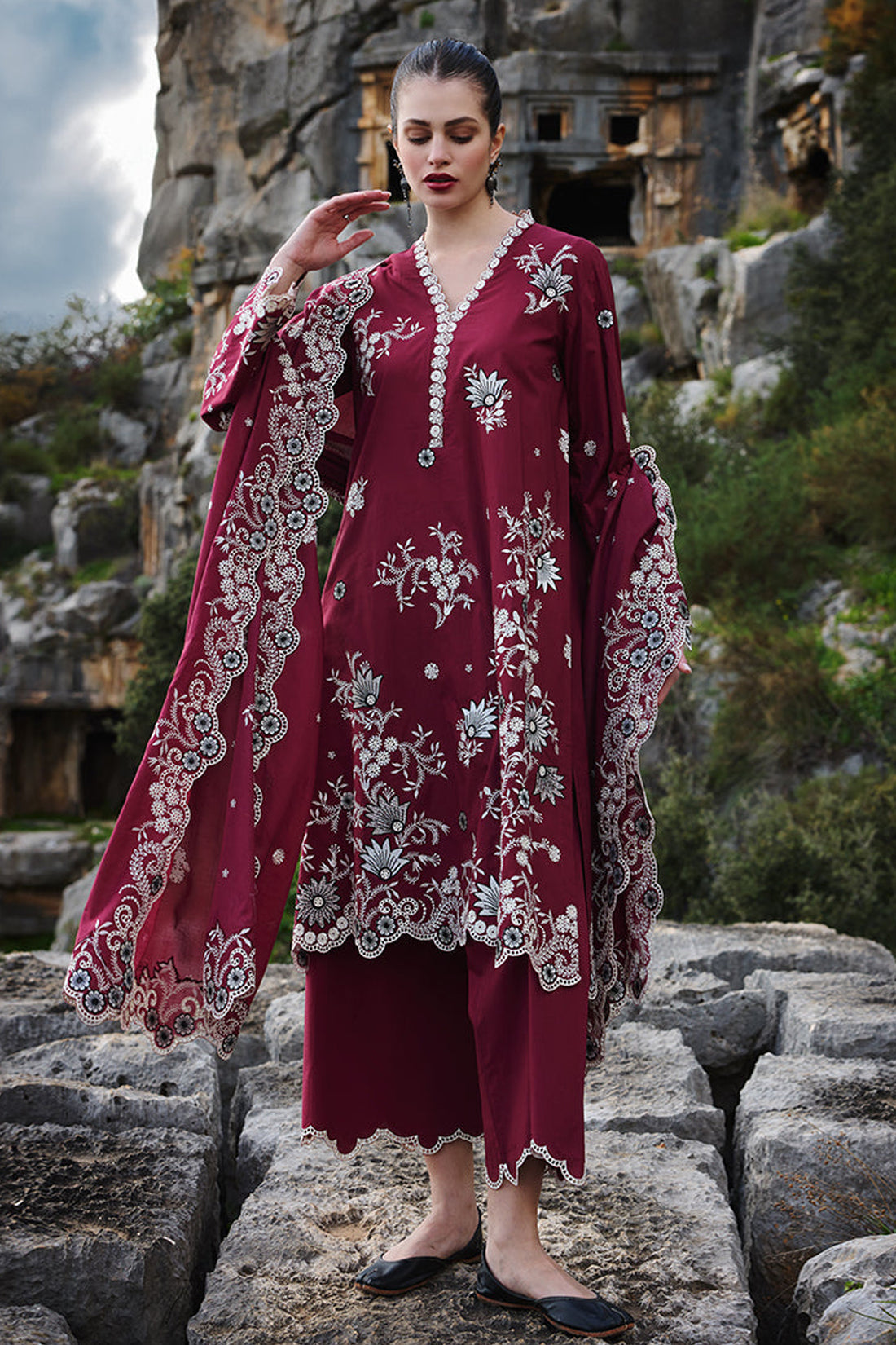 IMAGE-3PC LAWN EMBROIDERED SHIRT WITH MONARK EMBROIDERED DUAPATTA AND TROUSER-KUN-3715