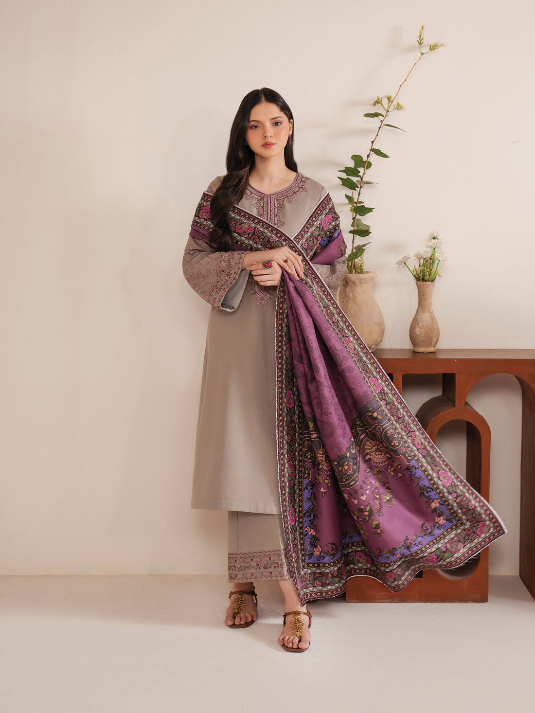 GARNET-3PC LAWN EMBROIDERED SHIRT WITH MONARK PRINT DUPATTA AND TROUSER-KUN-3534