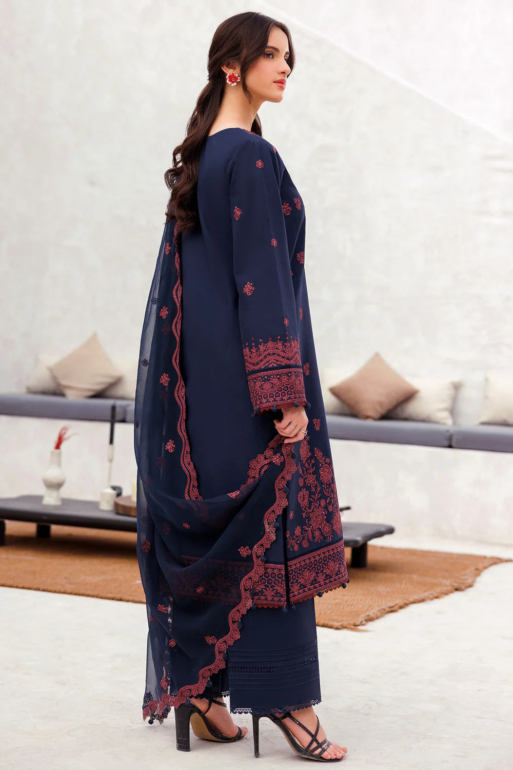JAZMIN-3PC LAWN EMBROIDERED SHIRT WITH CHIFFON EMBROIDERED DUPATTA AND TROUSER-KUN-3703