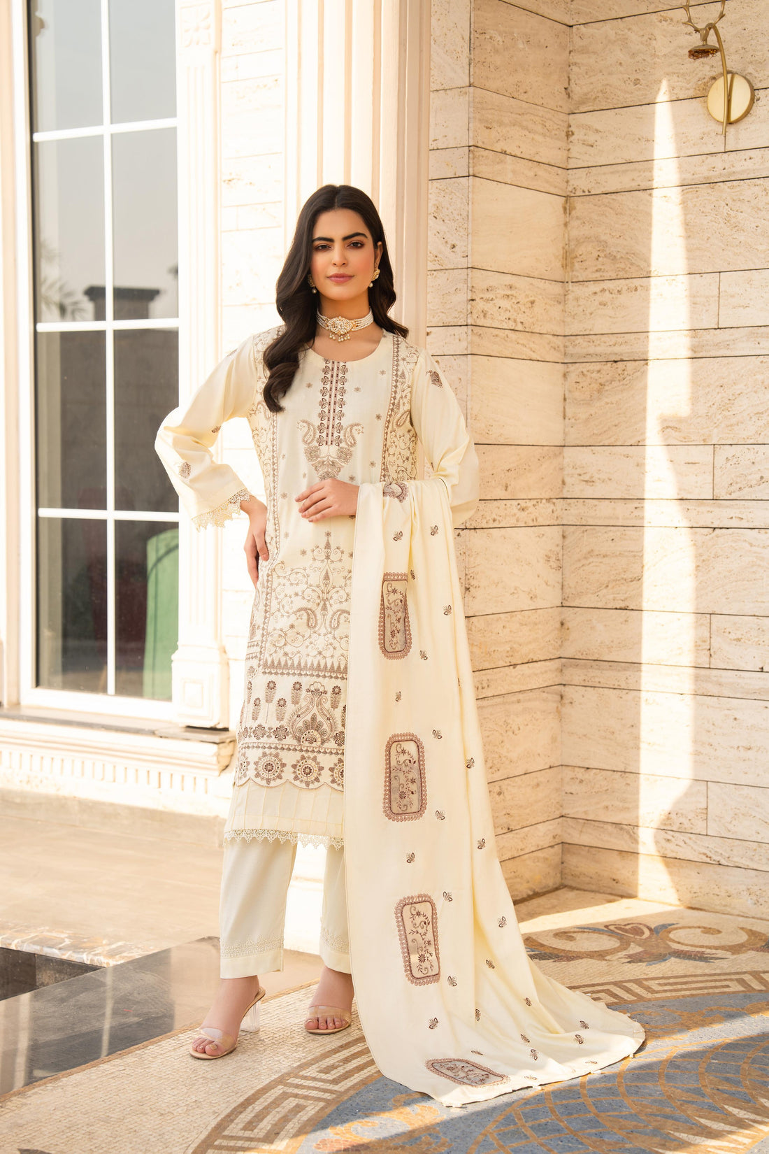 Kun-3PC DHANAK EMBROIDERED SHIRT WITH DHANAK HEAVY CUTWORK EMBROIDERED SHAWL -Kun-1523