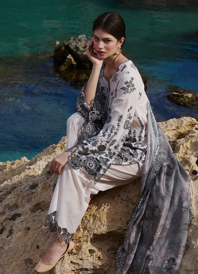 IMAGE-3PC LAWN EMBROIDERED SHIRT WITH CHIFFON PRINT DUPATTA AND EMB TROUSER-KUN-3710