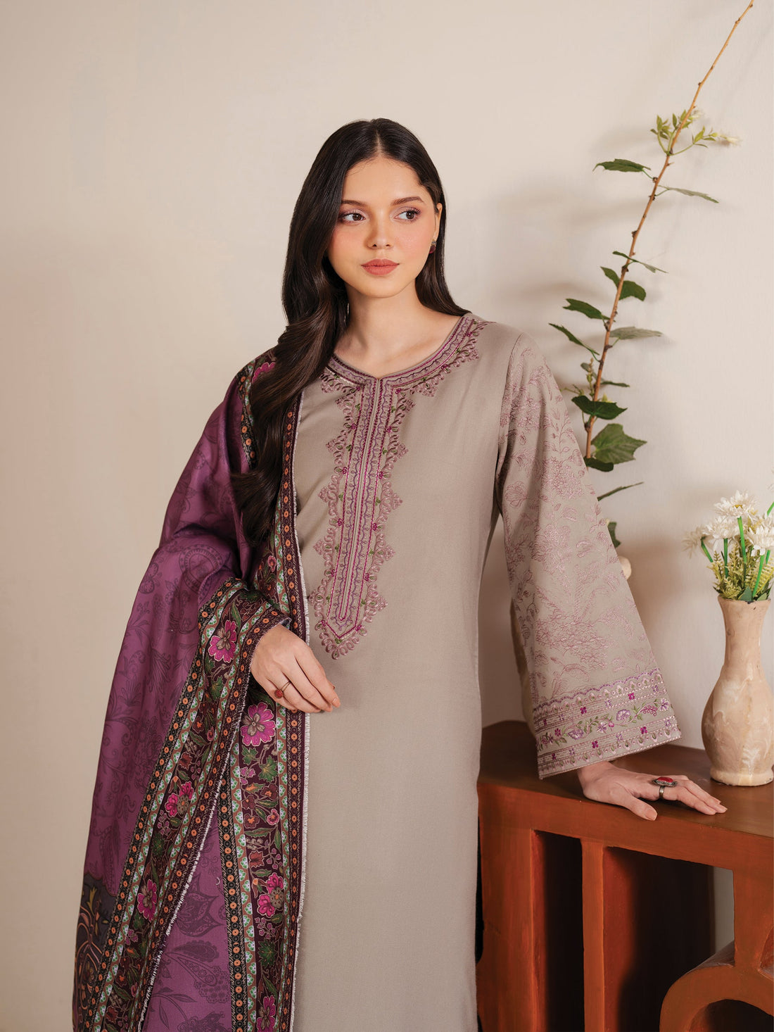 GARNET-3PC LAWN EMBROIDERED SHIRT WITH MONARK PRINT DUPATTA AND TROUSER-KUN-3534