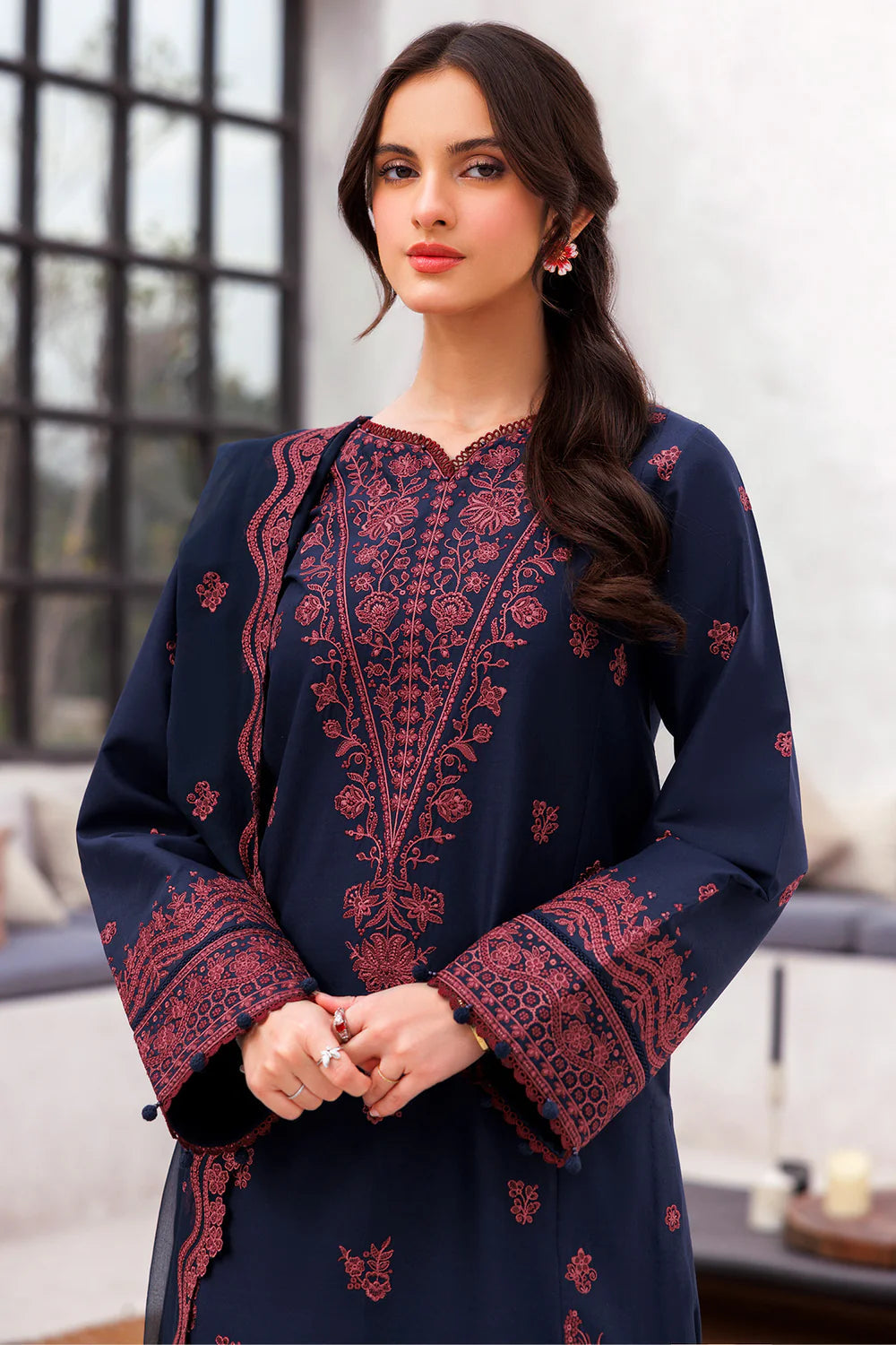 JAZMIN-3PC LAWN EMBROIDERED SHIRT WITH CHIFFON EMBROIDERED DUPATTA AND TROUSER-KUN-3703