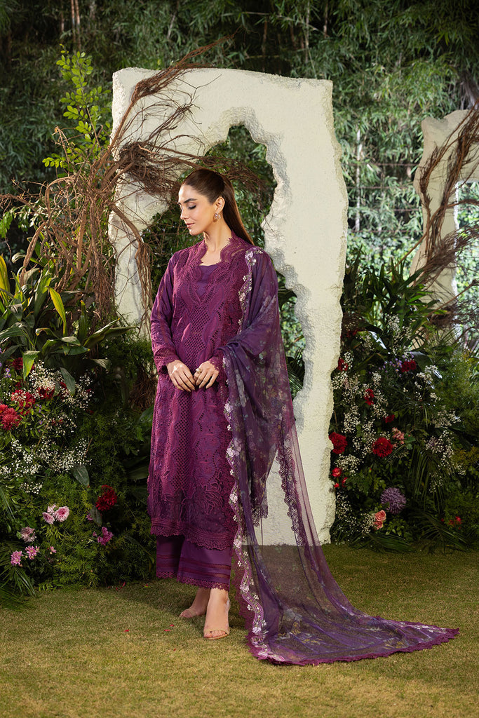 SOBIA NAZIR-3PC LAWN LASERCUT EMBROIDERED SHIRT WITH MONARK PRINT DUPATTA AND TROUSER KUN-3698