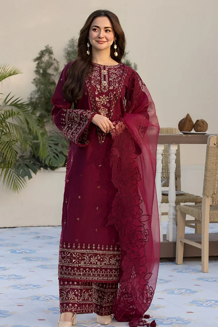 QALAMQAR-3PC DHANAK EMBROIDERED SUIT