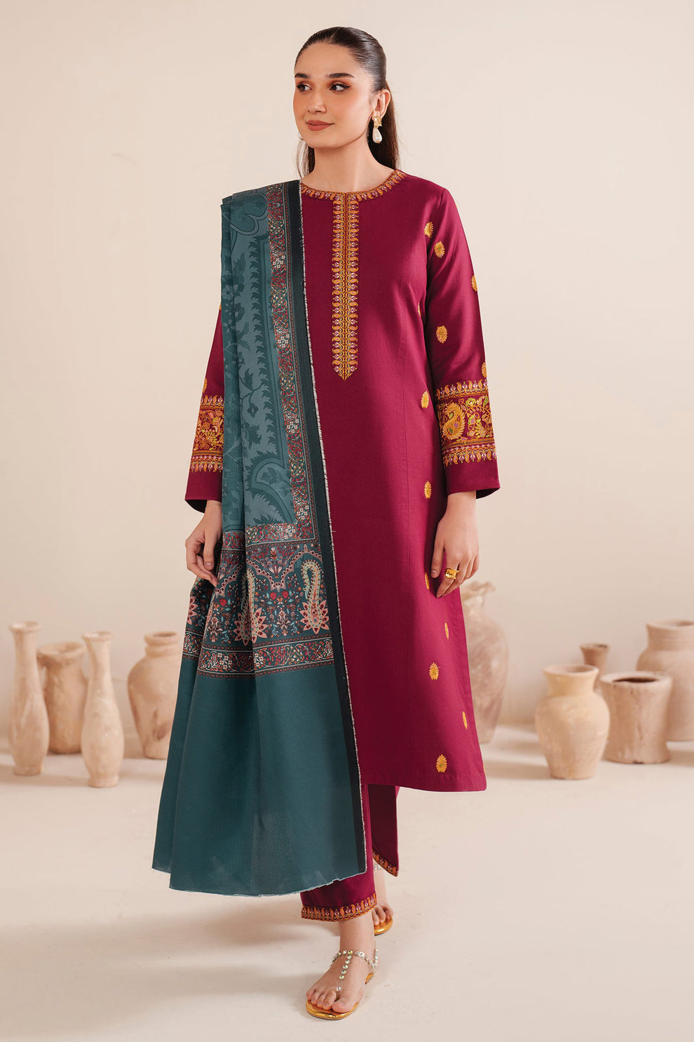 GARNET-3PC LAWN EMBROIDERED SHIRT WITH MONARK PRINT DUPATTA AND TROUSER-KUN-3535