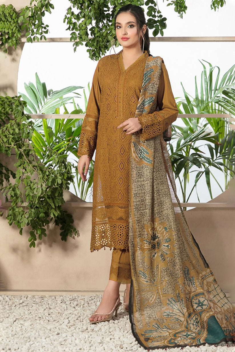 ZAINAB CHOTANI-3PC CHIKENKARI LAWN EMBROIDERED SHIRT WITH MONARK PRINT DUPATTA & TROUSER-KUN-4152 MUSTERD