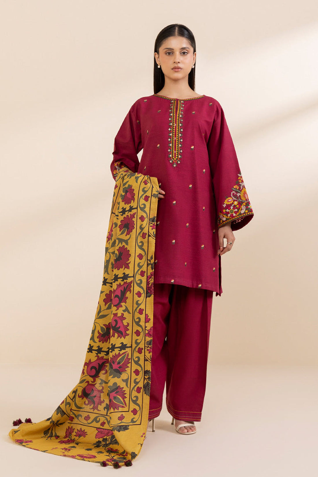 SAPPHIRE-3PC LAWN EMBROIDERED SHIRT WITH MONARK PRINT DUPATTA AND TROUSER-KUN-3607