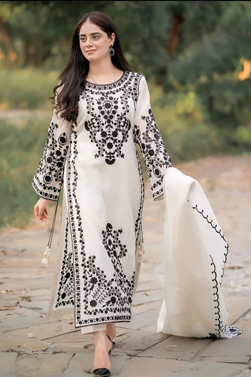 JAZMIN- LAWN 3PC EMBROIDERED SHIRT WITH ORGANZA EMBROIDERED DUPATTA WITH TROUSER -KUN-2814