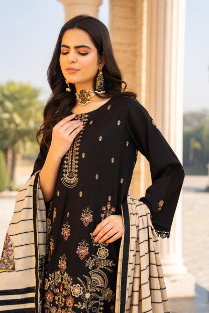 Kun-3PC DHANAK EMBROIDERED SHIRT WITH HEAVY CUTWORK EMBROIDERED JACQUARD WOOL SHAWL -Kun-1521