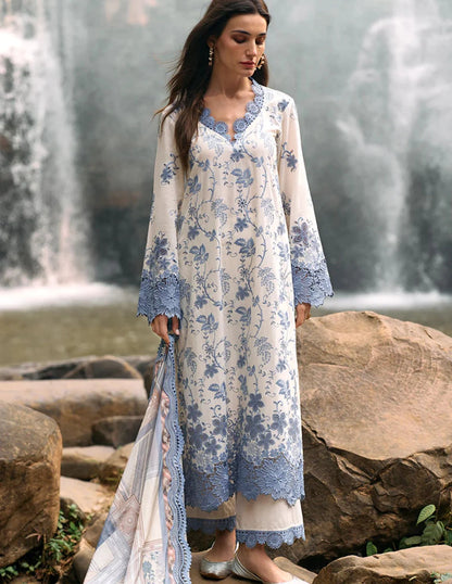 IMAGE-3PC LAWN EMBROIDERED SHIRT WITH MONARK PRINT DUPATTA & LAWN TROUSER-KUN-3597