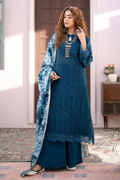 QALAMKAR - 3PC LAWN CHIKANKAARI EMBROIDERED SHIRT WITH PRINTED DUPATTA AND TROUSER-KUN-4027