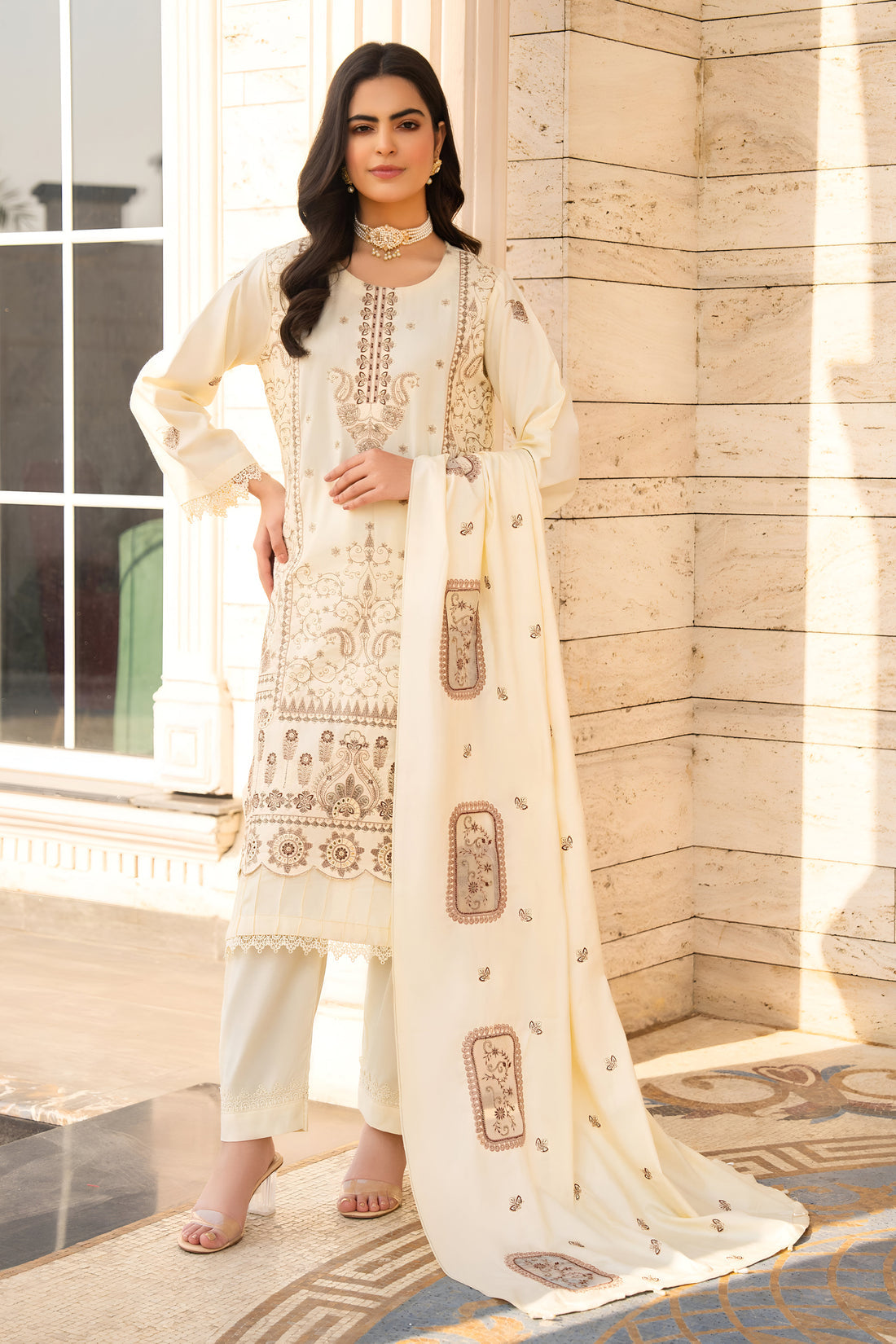 Kun-3PC DHANAK EMBROIDERED SHIRT WITH DHANAK HEAVY CUTWORK EMBROIDERED SHAWL -Kun-1523