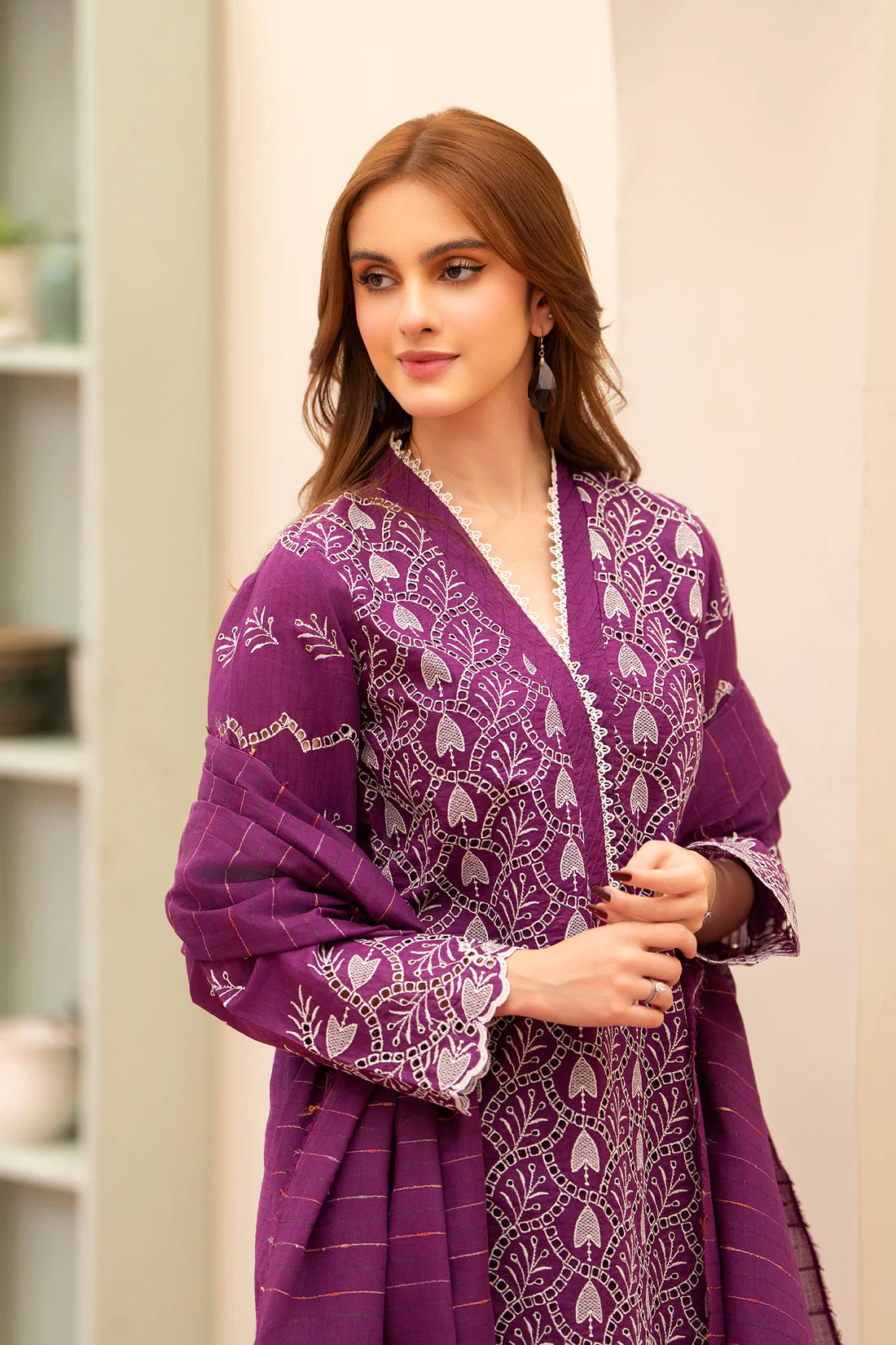 MIRAKHI-3PC LAWN CHIKENKARI EMBROIDERED SHIRT WITH LAWN TUBE SLUB DUPATTA-KUN-PLUM