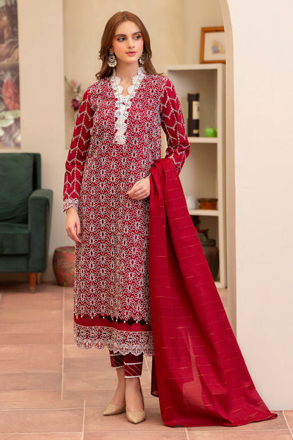 MIRAKHI-3PC LAWN CHIKENKARI EMBROIDERED SHIRT WITH LAWN TUBE SLUB DUPATTA-KUN-RED