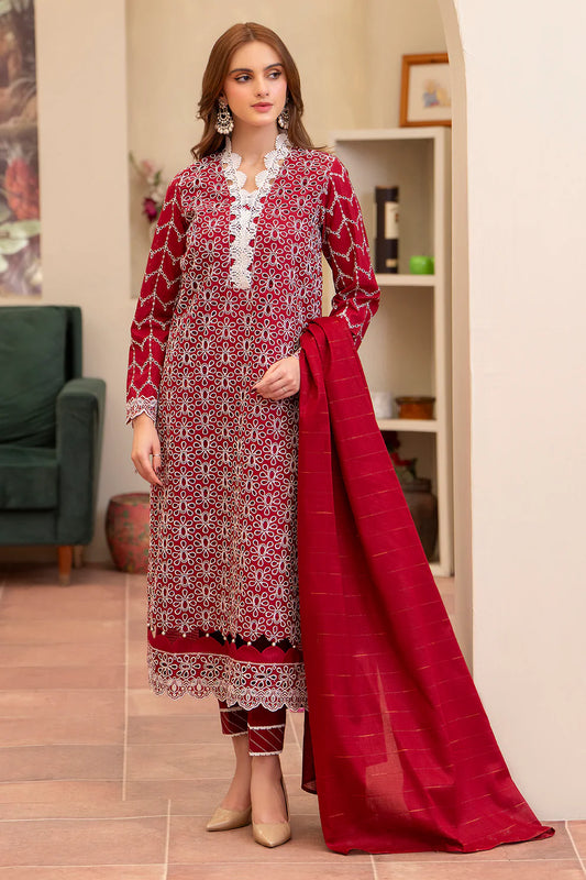 MIRAKHI-3PC LAWN CHIKENKARI EMBROIDERED SHIRT WITH LAWN TUBE SLUB DUPATTA-KUN-RED