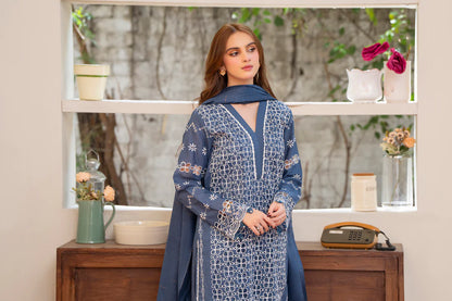 MIRAKHI-3PC LAWN CHIKENKARI EMBROIDERED SHIRT WITH LAWN TUBE SLUB DUPATTA-KUN-SKY