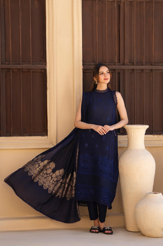 MIRAKHI-3PC LAWN CHIKENKARI EMBROIDERED SHIRT WITH LAWN JAQUARD PRINT DUPATTA -KUN-2004-N