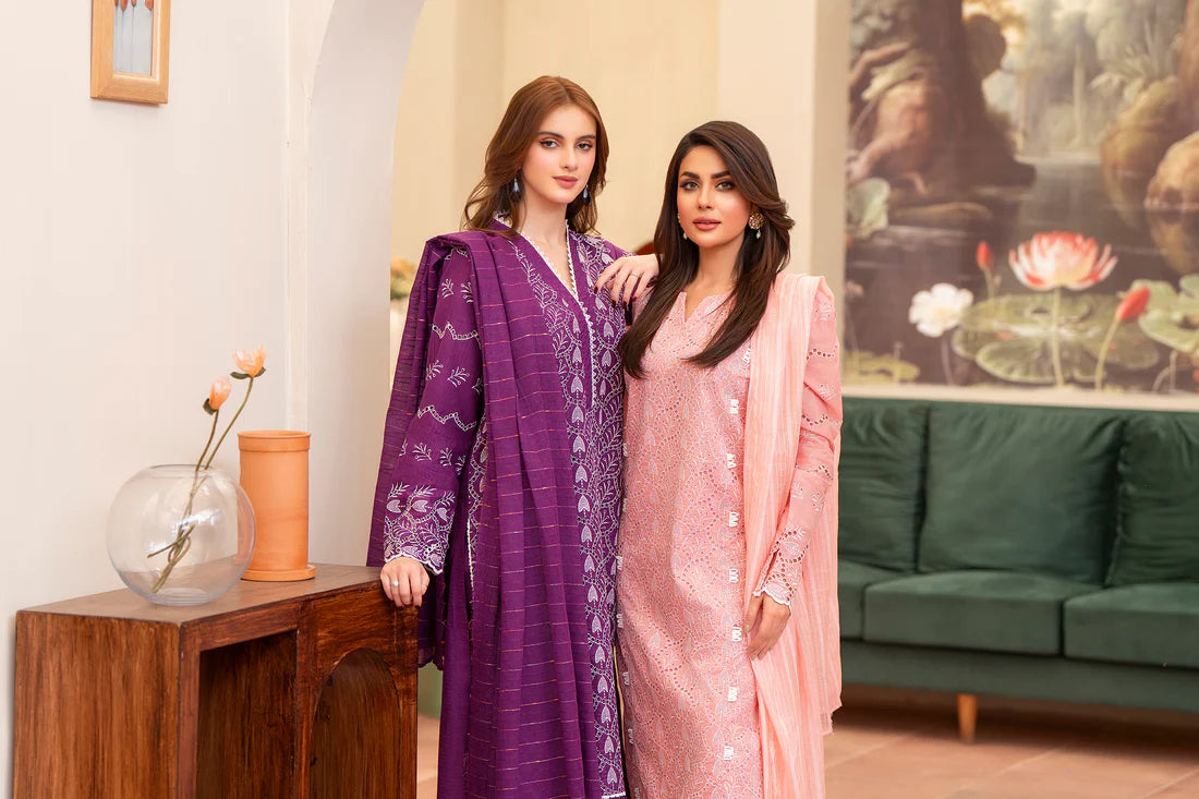 MIRAKHI-3PC LAWN CHIKENKARI EMBROIDERED SHIRT WITH LAWN TUBE SLUB DUPATTA-KUN-PINK