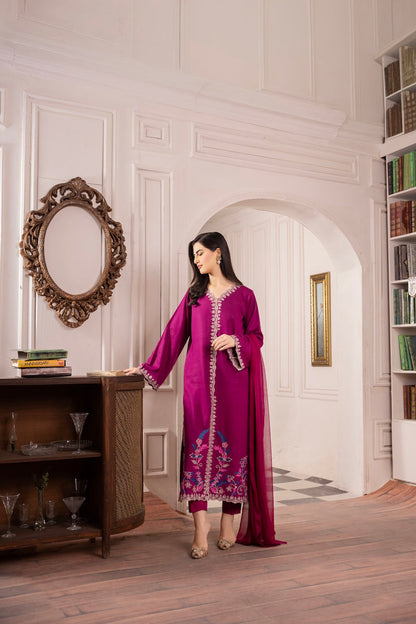 Asim Jofa-Lawn 3pc Embroidered Shirt With Bamber Chiffon Dupatta & Trouser-KUN-3567