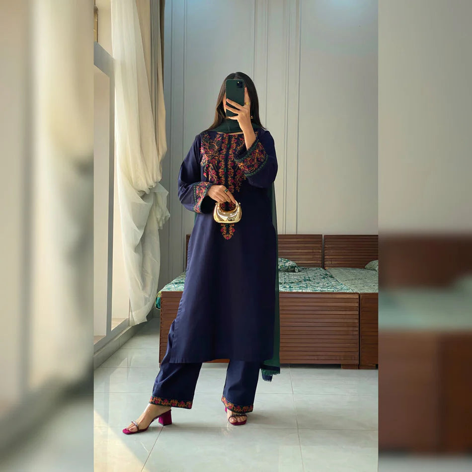 KUNFASHION-3PC DHANAK EMBROIDERED SUIT-KUN-4076