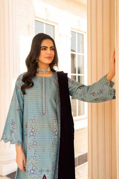 Kun-3PC KHADDAR EMBROIDERED SHIRT WITH VELVET EMBROIDERED READY TO WEAR SHAWL-Kun-1522