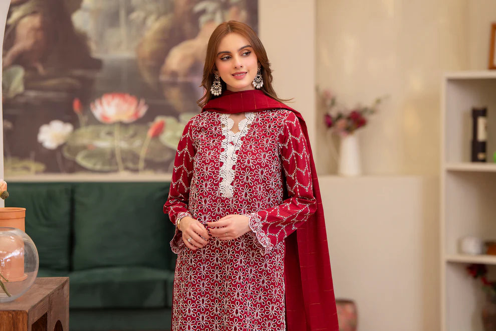 MIRAKHI-3PC LAWN CHIKENKARI EMBROIDERED SHIRT WITH LAWN TUBE SLUB DUPATTA-KUN-RED