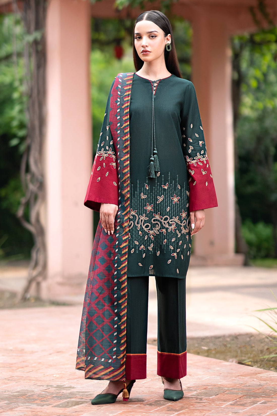 JAZMIN-3PC LAWN EMBROIDRED SHIRT WITH MONARK PRINT DUPATTA AND TROUSER-BIC-3605