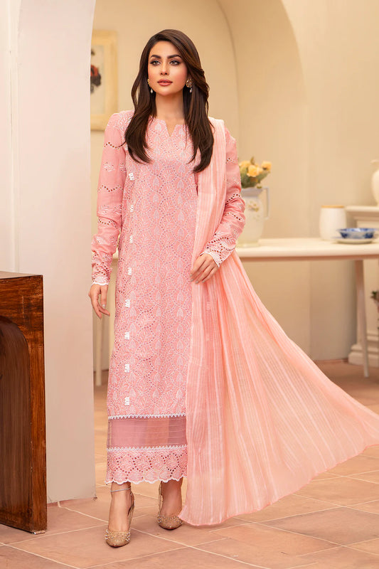 MIRAKHI-3PC LAWN CHIKENKARI EMBROIDERED SHIRT WITH LAWN TUBE SLUB DUPATTA-KUN-PINK