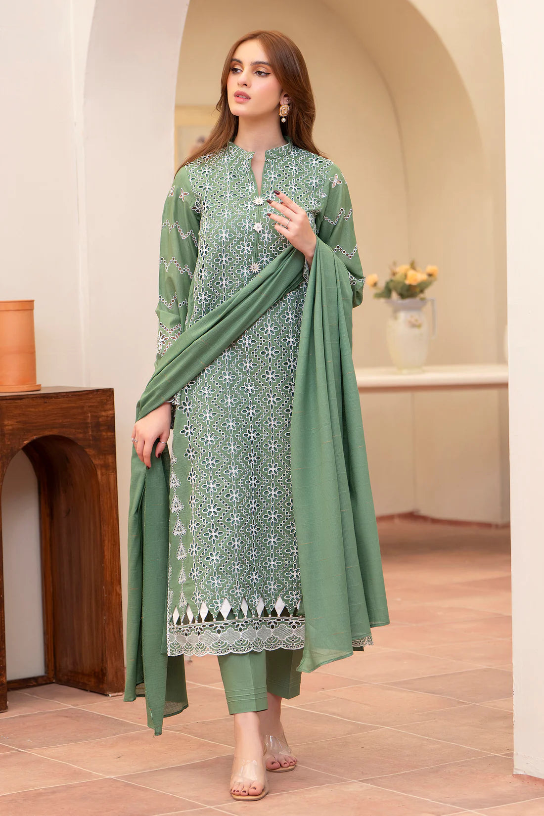 MIRAKHI-3PC LAWN CHIKENKARI EMBROIDERED SHIRT WITH LAWN TUBE SLUB DUPATTA-KUN-GREEN