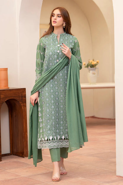 MIRAKHI-3PC LAWN CHIKENKARI EMBROIDERED SHIRT WITH LAWN TUBE SLUB DUPATTA-KUN-GREEN