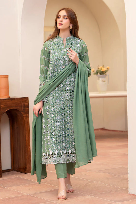 MIRAKHI-3PC LAWN CHIKENKARI EMBROIDERED SHIRT WITH LAWN TUBE SLUB DUPATTA-KUN-GREEN