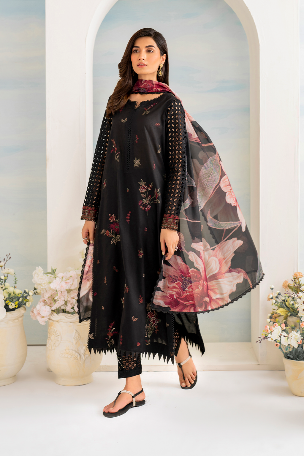 IZNIK- 3PC LAWN EMBROIDERED SHIRT WITH MONARK PRINT DUPATTA AND EMB TROUSER-BIC-3175