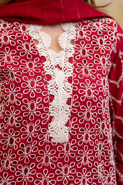 MIRAKHI-3PC LAWN CHIKENKARI EMBROIDERED SHIRT WITH LAWN TUBE SLUB DUPATTA-KUN-RED