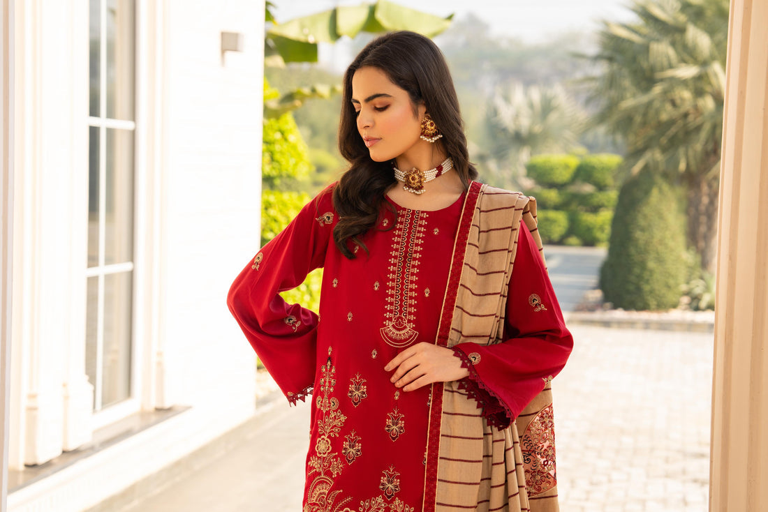 Kun-3PC DHANAK CUTWORK EMBROIDERED SHIRT WITH HEAVY CUTWORK EMBROIDERED JACQUARD WOOL SHAWL -Kun-1524