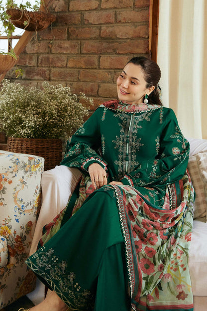 ZARA SHAHJAHAN-3PC LAWN EMBROIDERED SHIRT WITH MONARK PRINT DUPATTA & EMBROIDERED TROUSER-KUN-3545