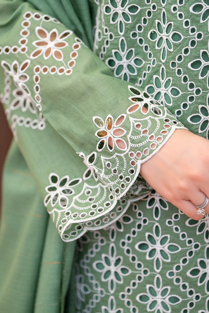 MIRAKHI-3PC LAWN CHIKENKARI EMBROIDERED SHIRT WITH LAWN TUBE SLUB DUPATTA-KUN-GREEN