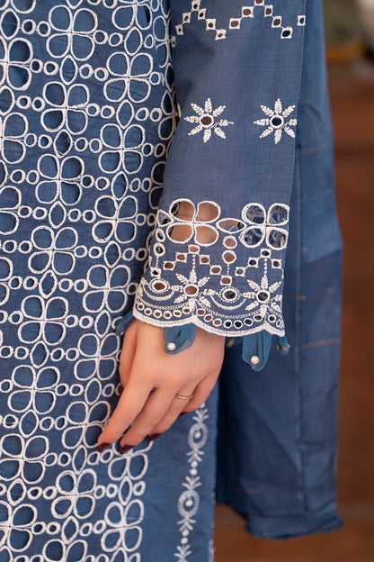 MIRAKHI-3PC LAWN CHIKENKARI EMBROIDERED SHIRT WITH LAWN TUBE SLUB DUPATTA-KUN-SKY