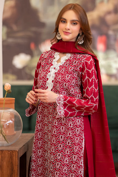 MIRAKHI-3PC LAWN CHIKENKARI EMBROIDERED SHIRT WITH LAWN TUBE SLUB DUPATTA-KUN-RED