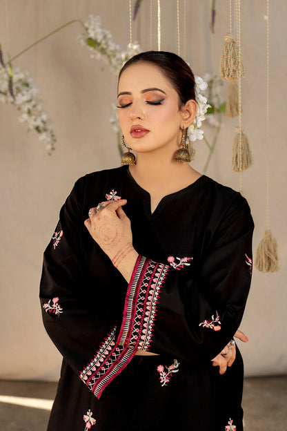 URGE- 2PC LAWN HEAVY EMBROIDERED SHIRT EMBROIDERED SLEEVES AND TROUSER -KUN-1007-BLACK