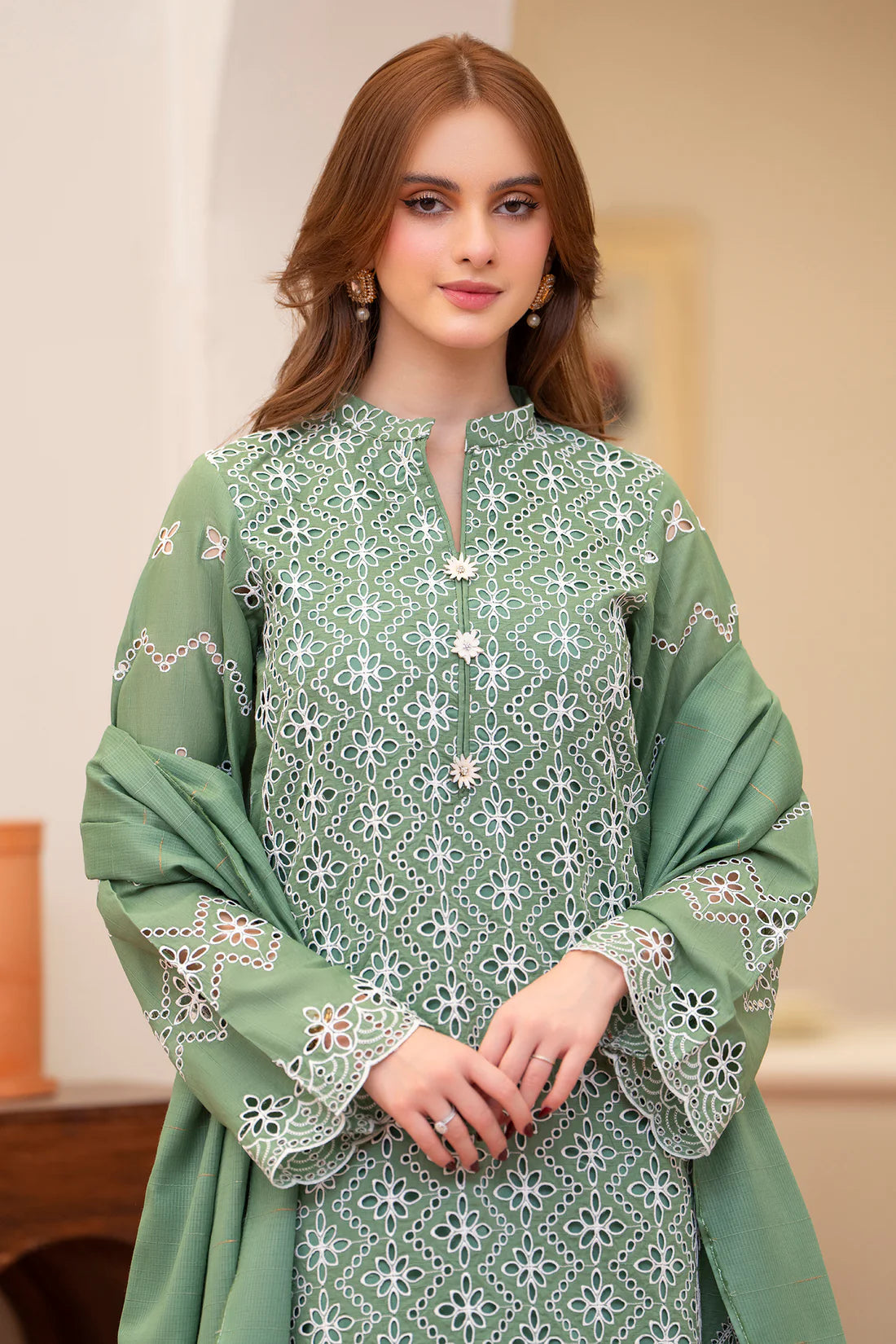 MIRAKHI-3PC LAWN CHIKENKARI EMBROIDERED SHIRT WITH LAWN TUBE SLUB DUPATTA-KUN-GREEN