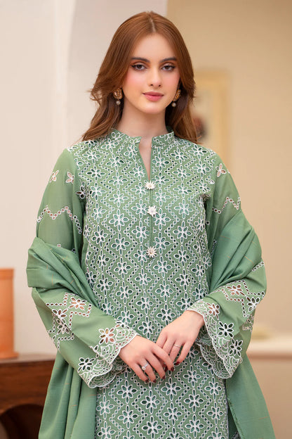 MIRAKHI-3PC LAWN CHIKENKARI EMBROIDERED SHIRT WITH LAWN TUBE SLUB DUPATTA-KUN-GREEN