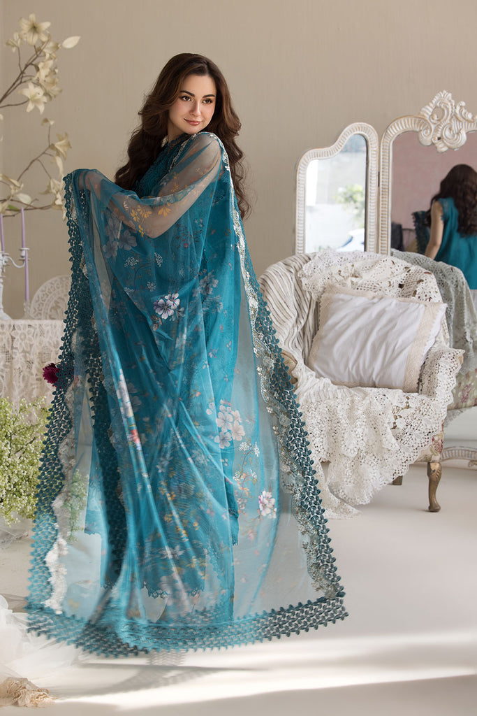 SOBIA NAZIR-3PC LAWN LASERCUT EMBROIDERED SHIRT WITH COTTON NET EMBROIDERED PRINT DUPATTA AND TROUSER KUN-3699