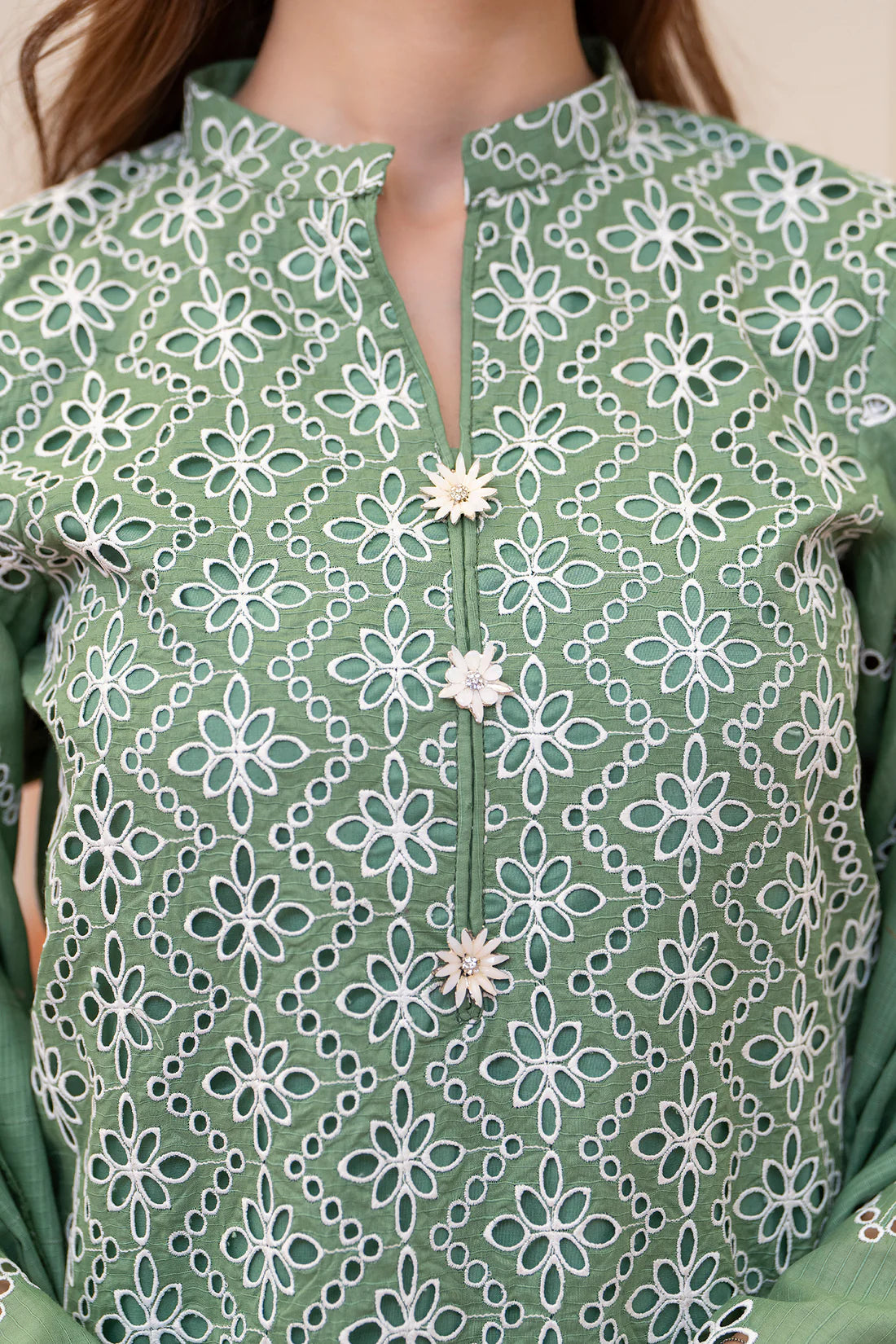 MIRAKHI-3PC LAWN CHIKENKARI EMBROIDERED SHIRT WITH LAWN TUBE SLUB DUPATTA-KUN-GREEN