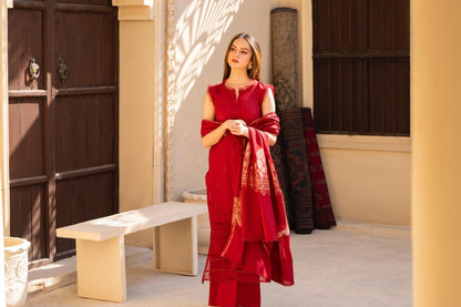 MIRAKHI-3PC LAWN CHIKENKARI EMBROIDERED SHIRT WITH LAWN JAQUARD PRINT DUPATTA -KUN-2002-R