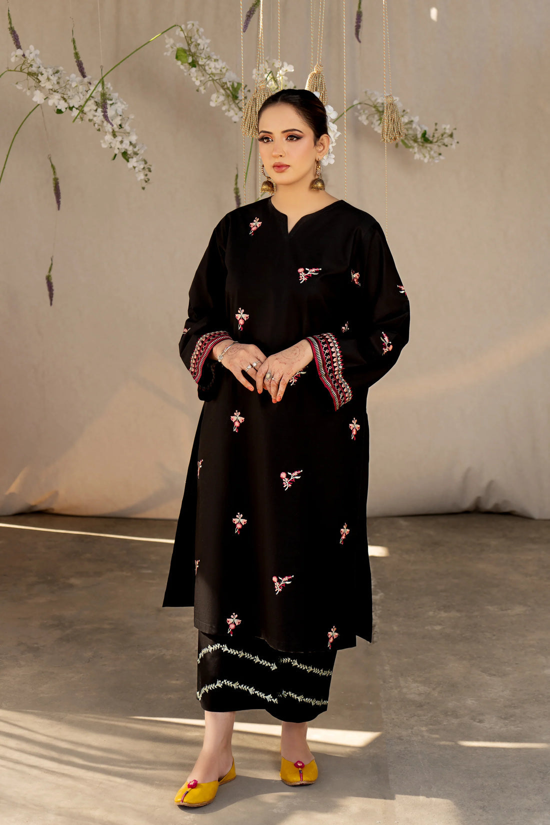 URGE- 2PC LAWN HEAVY EMBROIDERED SHIRT EMBROIDERED SLEEVES AND TROUSER -KUN-1007-BLACK